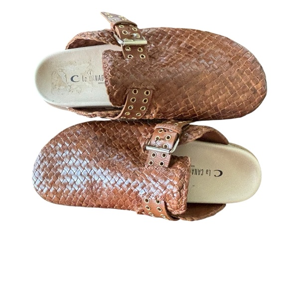 La CANADIENNE Brown Woven Leather Mules Slip Ons Size 41 NWOT - Picture 2 of 6